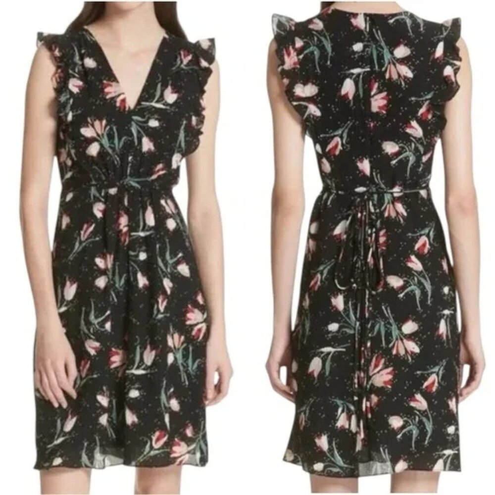 Rebecca Taylor Ikat Tie Front Silk Dress -Tulip / Black Floral Print 6